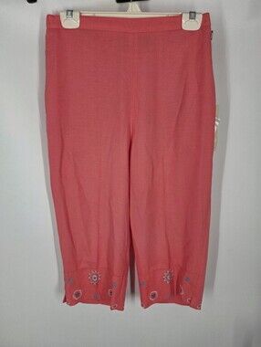 Patchington NWT Coral Pink Embroidered Hem Capri Pants Small Crop Linen Look